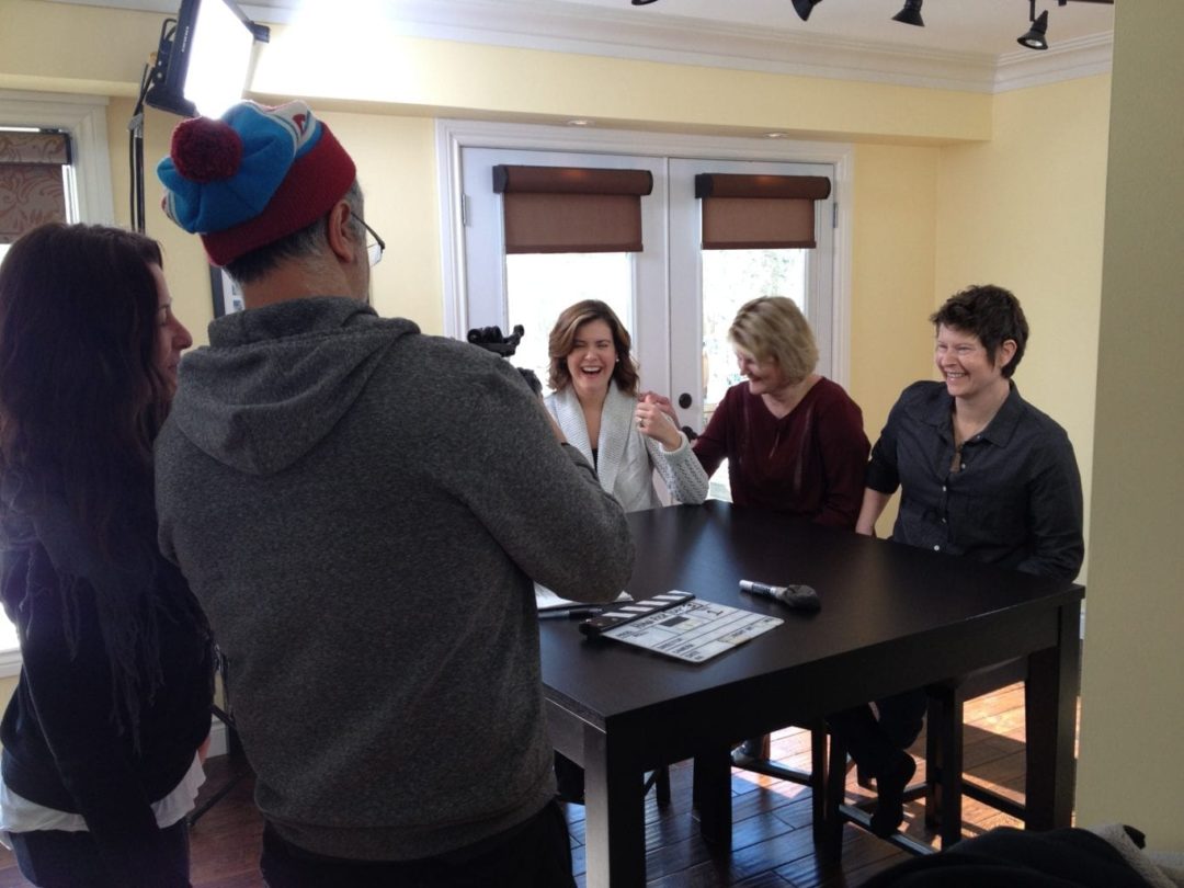 On the set of HIGH RISK: A Rethink Breast Cancer Documentary. I (Kelly) am in the middle with Carla to the right and Erika to the left.