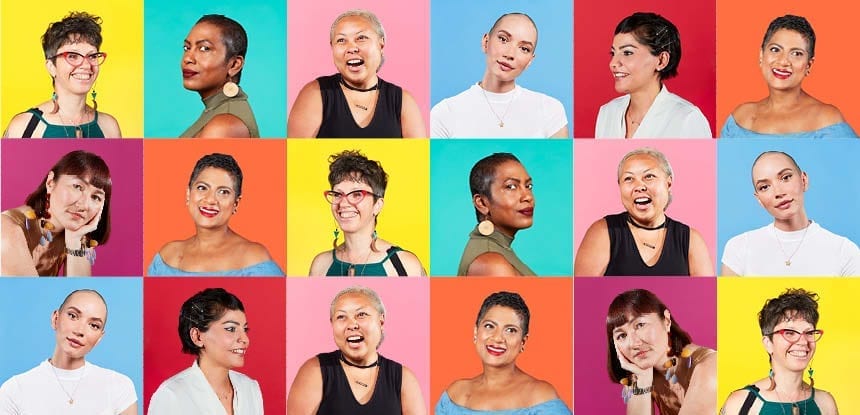 Colourful grid of young breast cancer patients