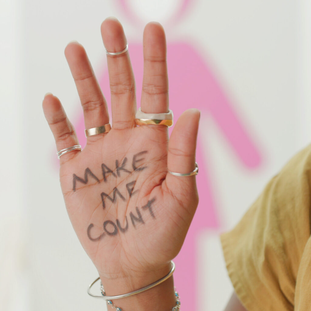 a hand held up with "Make Me Count" written in black market on the palm